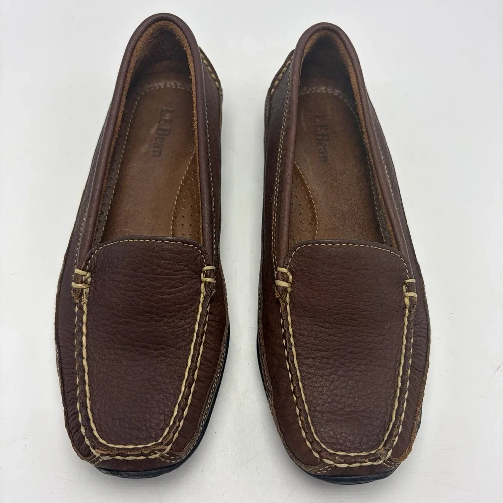 LL Bean Leather Moccasin Driving Loafer Womens 8 Wide Shoe Brown Pebbled Preppy